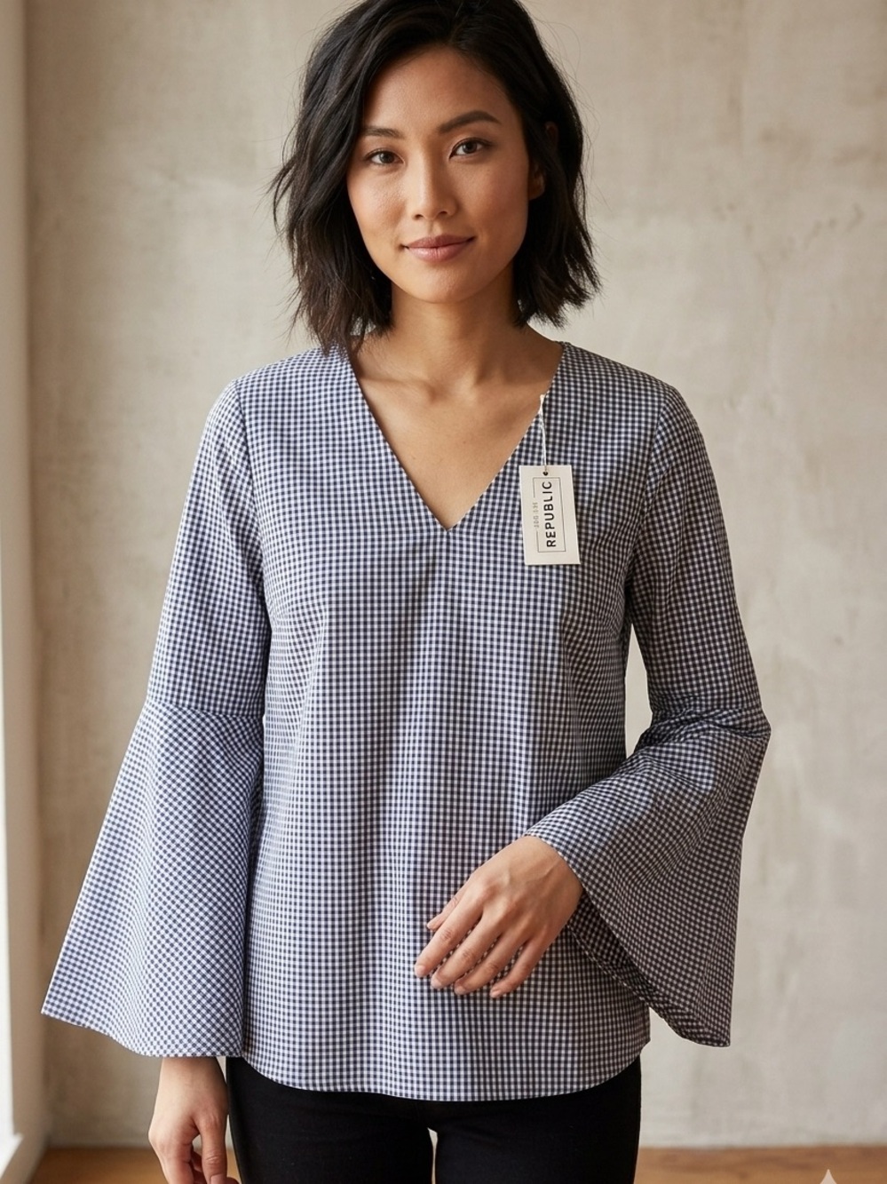 For The Republic Blue and White Gingham V-Neck Bell Sleeve Blouse, Size M